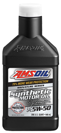A quart bottle of AMSOIL 5W-50 Signature Series Synthetic Oil for Ford Mustangs.